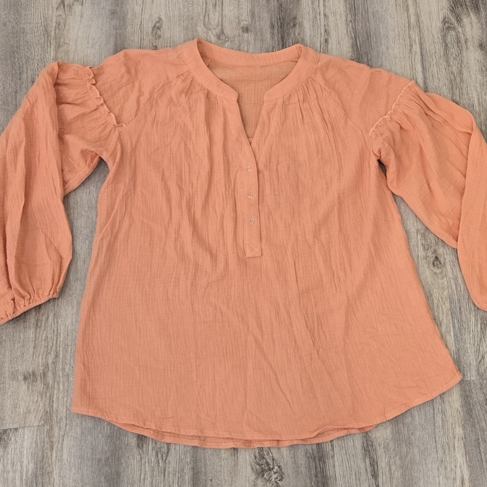Women's large soft orange color half button down Ruffle sleeves Blouse